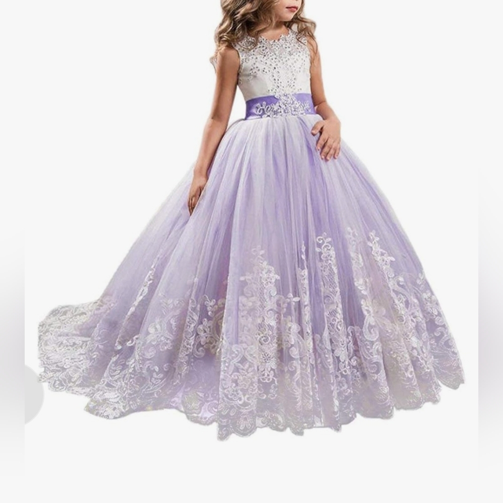 Elegant White and Purple Dress with Bows At Back And Down Length Of Dress.